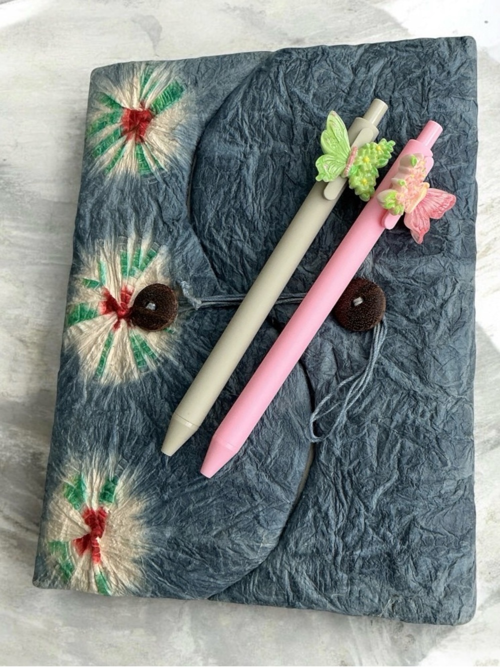 Handmade Tie Dye Lokta Paper Notebook with 2 Butterfly Design Pens Nepal Artis
